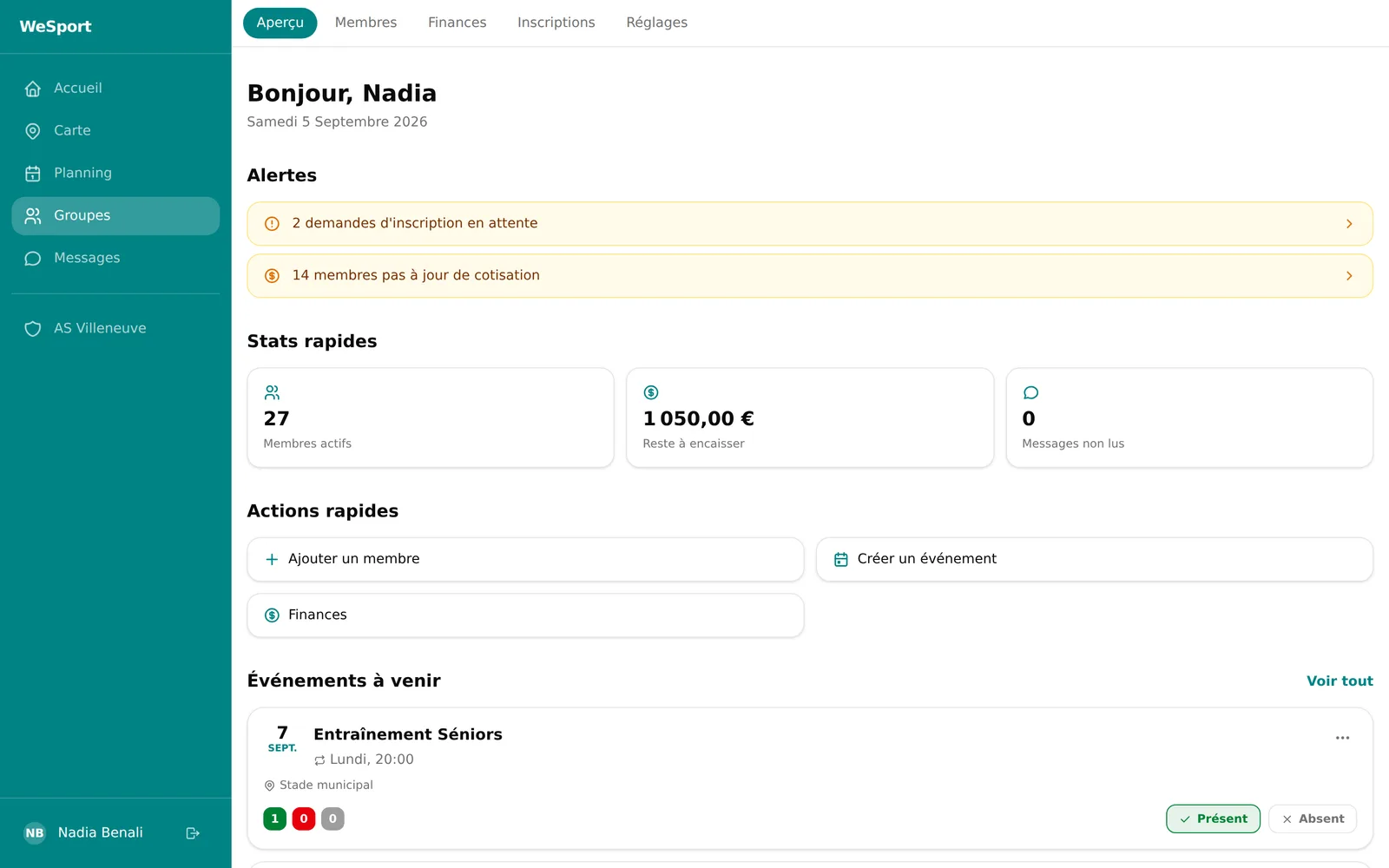 Tableau de bord d'un club dans la version web de WeSportive