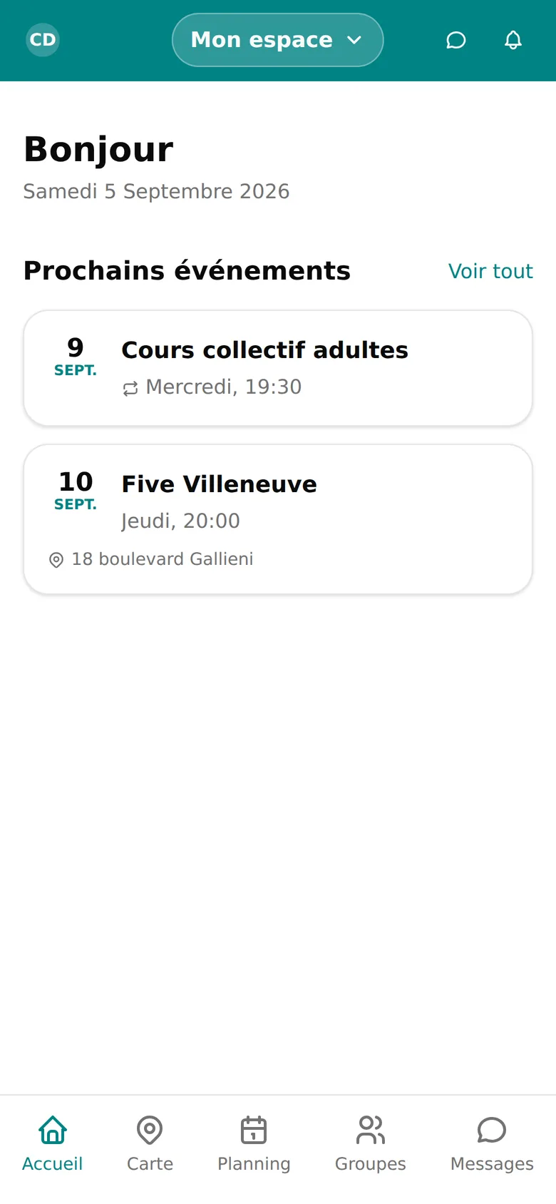 Écran d'accueil de l'application WeSportive avec les prochains événements