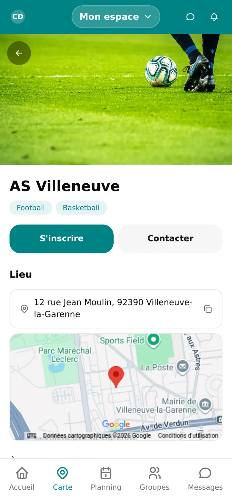Page d'un club dans l'application WeSportive, avec photos et bouton d'inscription