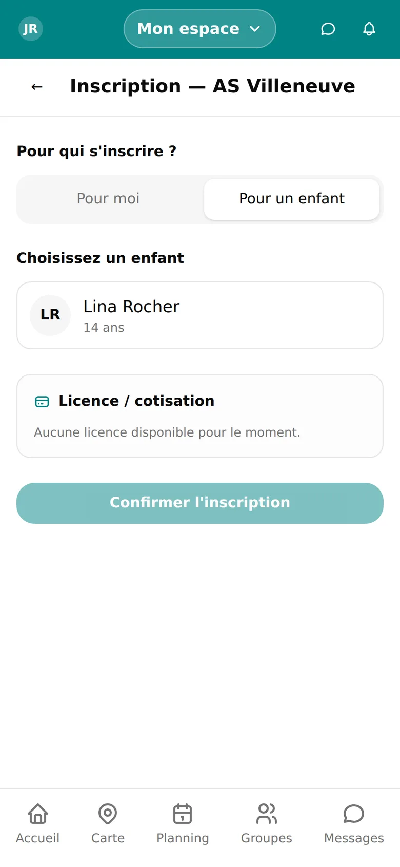 Gestion des comptes enfants depuis le profil parent dans WeSportive