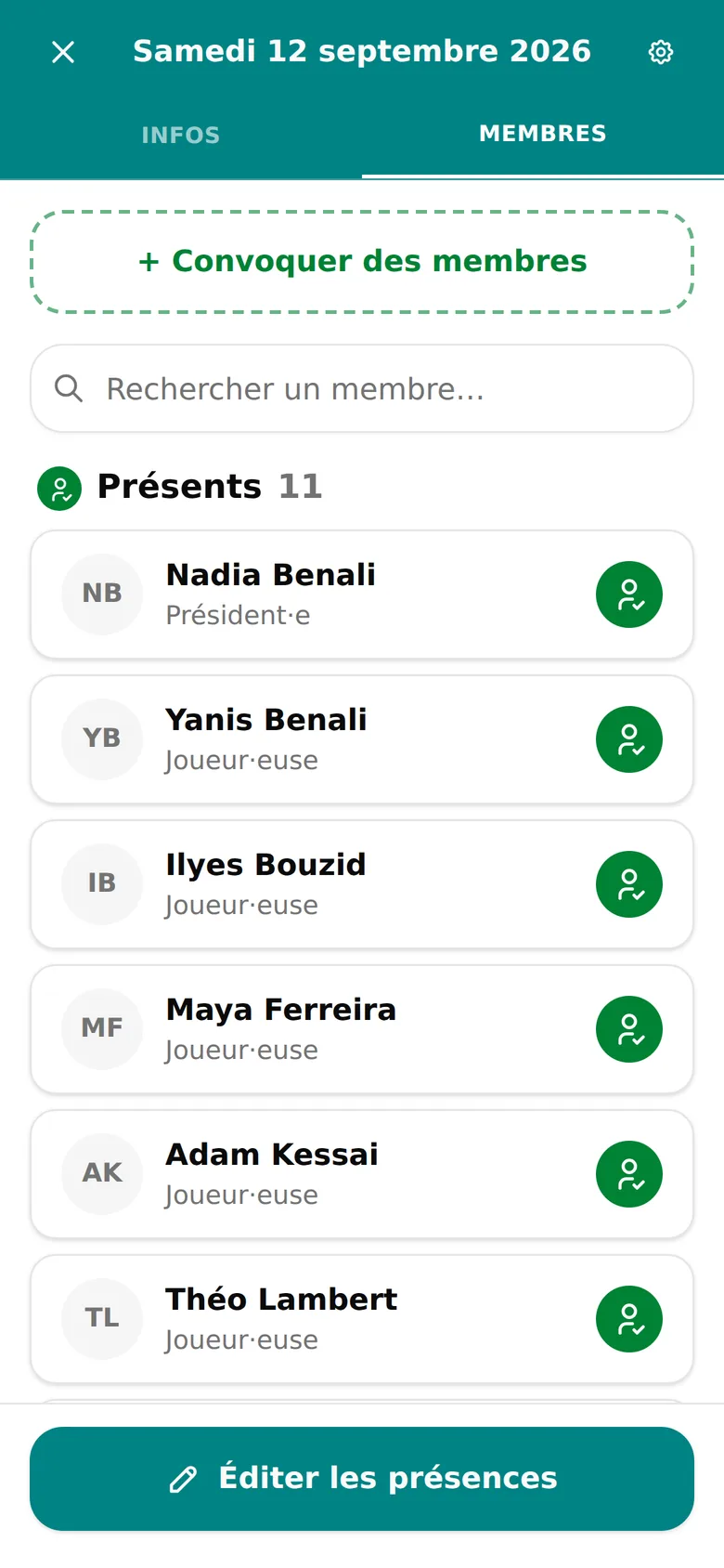 Écran de suivi des présences d'un match dans WeSportive