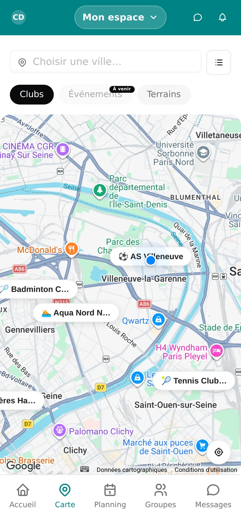 Carte des clubs et terrains autour de l'utilisateur dans l'application WeSportive