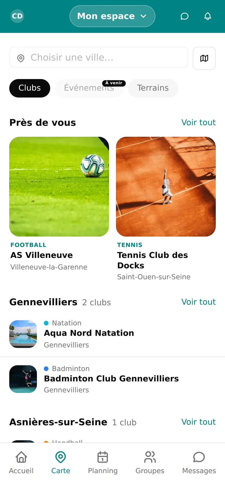Carte des clubs autour de l'utilisateur dans l'application WeSportive