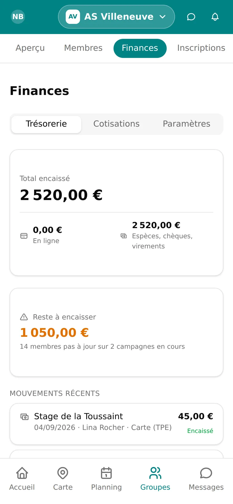 Écran Finances de WeSportive : total encaissé, reste à encaisser et mouvements récents