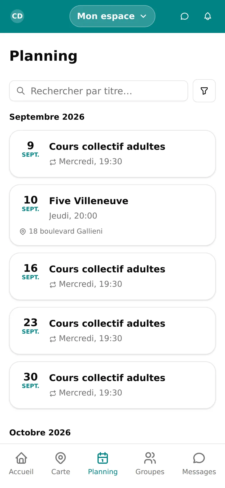 Planning personnel avec convocations et réservations dans WeSportive