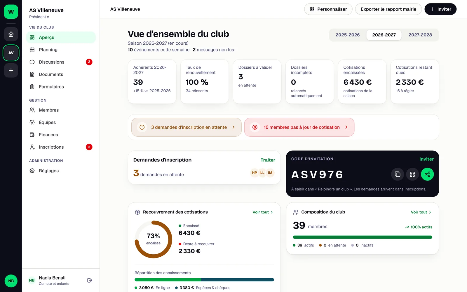 Tableau de bord d'un club dans la version web de WeSportive