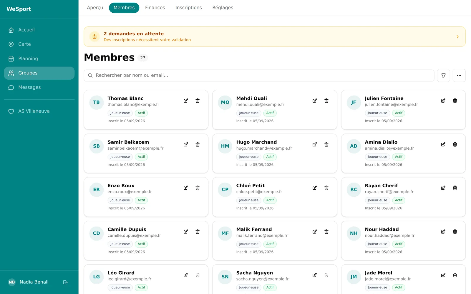 Liste des membres d'un club dans la version web de WeSportive, avec filtres par équipe et rôles