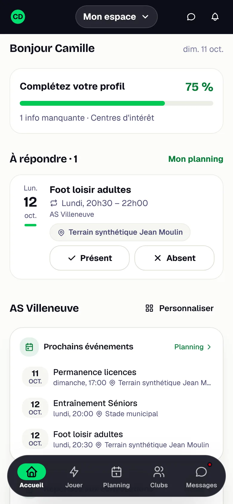 Écran d'accueil de l'application WeSportive : convocation à laquelle répondre et prochains événements du club