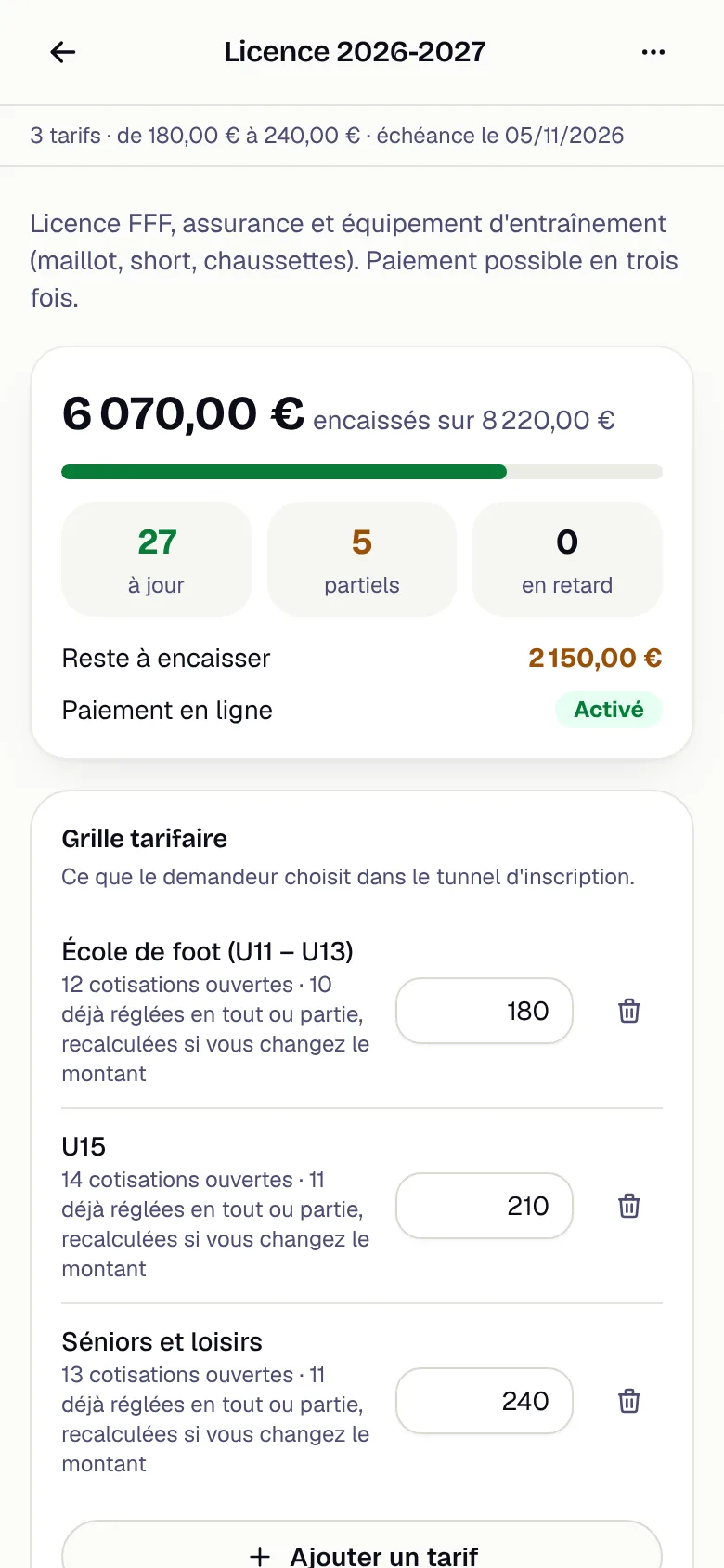 Campagne de cotisation dans l'application WeSportive : montant encaissé, membres à jour et en attente