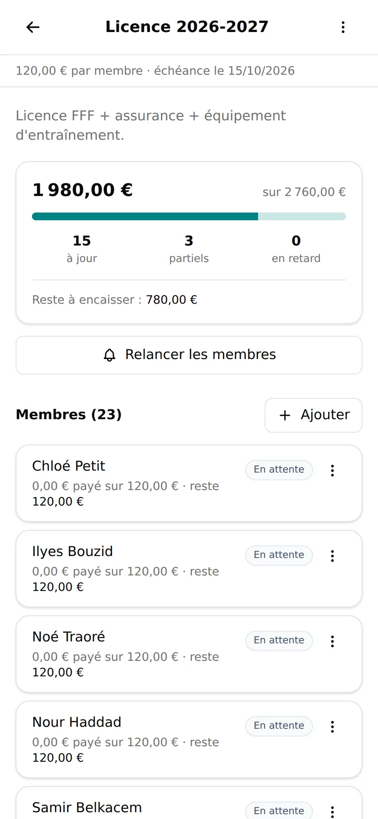 Campagne de cotisation dans l'application WeSportive : montant encaissé, membres à jour et en attente