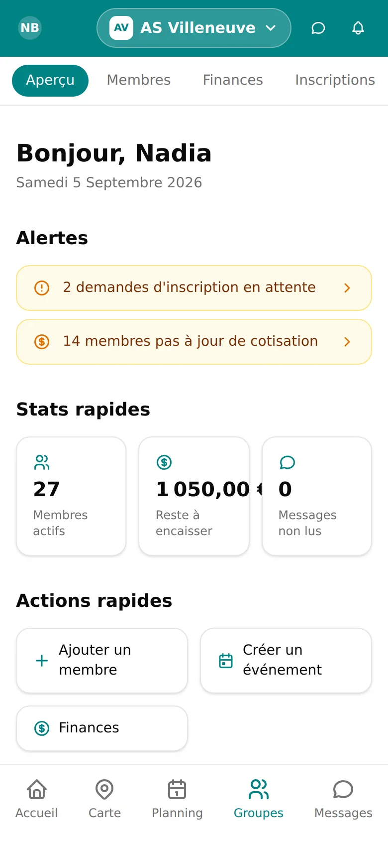 Tableau de bord d'un club dans l'application WeSportive : alertes, membres actifs, reste à encaisser et prochains événements