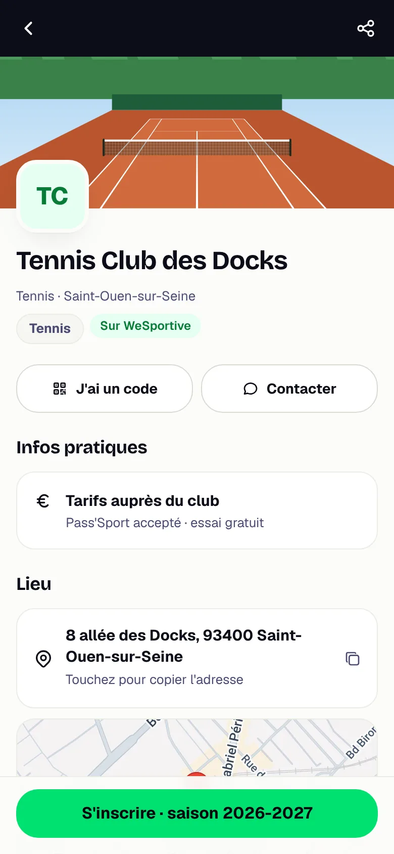 Page publique d'un club dans l'application WeSportive, avec photos, sports et bouton d'inscription