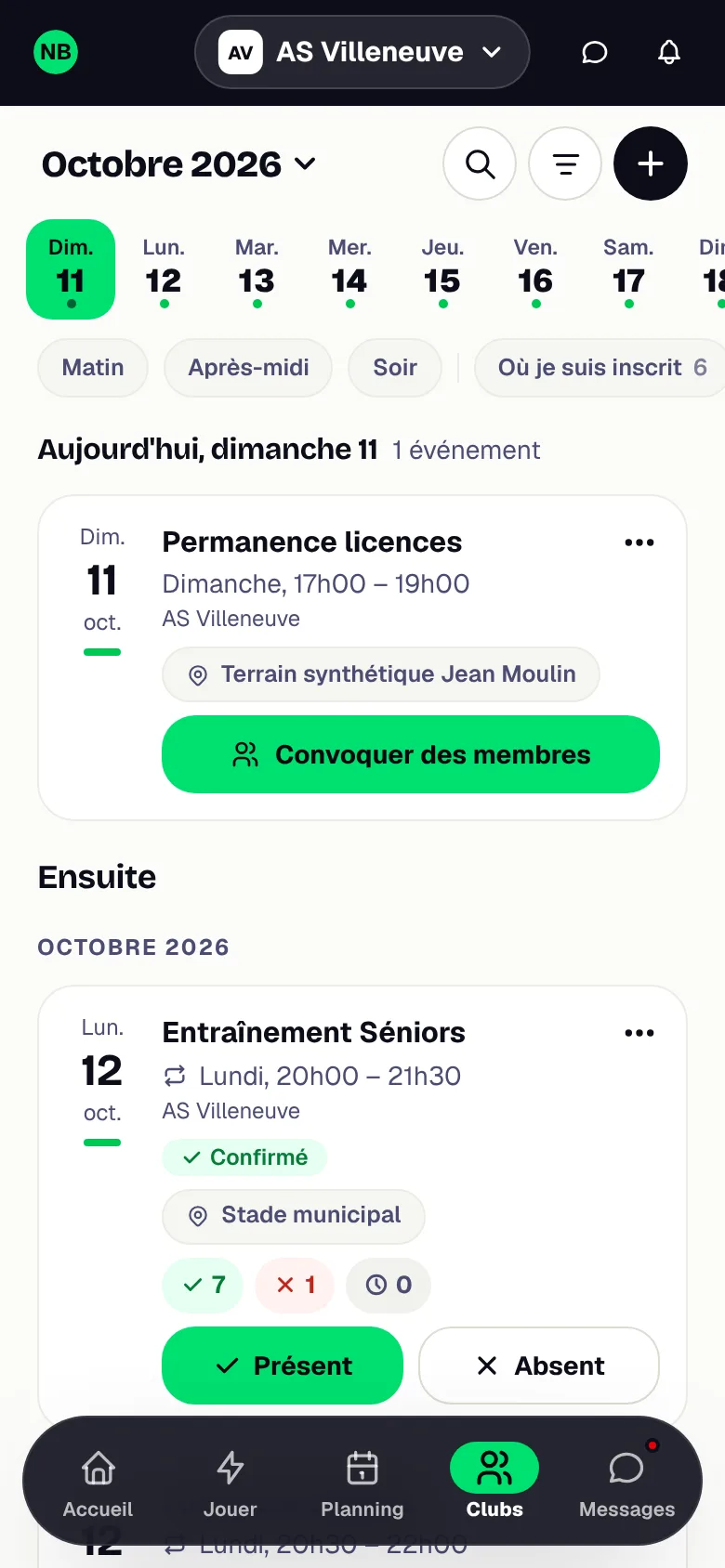 Planning d'un club dans l'application WeSportive : entraînements récurrents et matchs