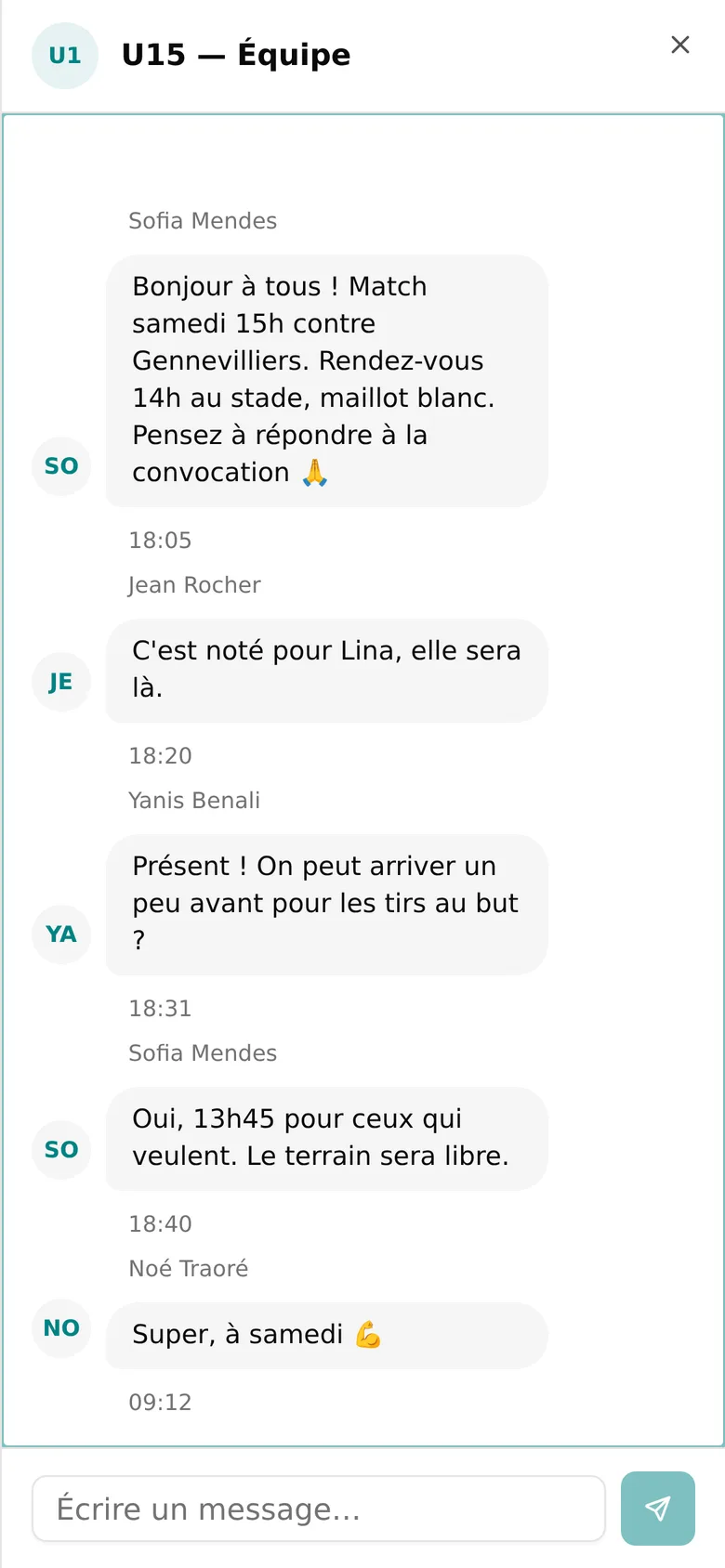 Conversation d'équipe dans la messagerie de l'application WeSportive