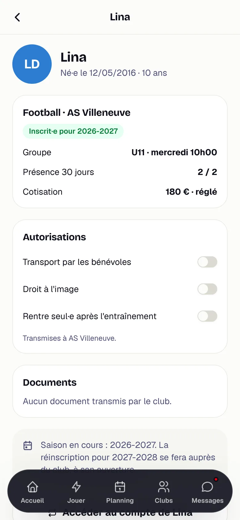 Fiche d'un enfant dans le compte de son parent sur WeSportive : club, inscription, cotisation et autorisations