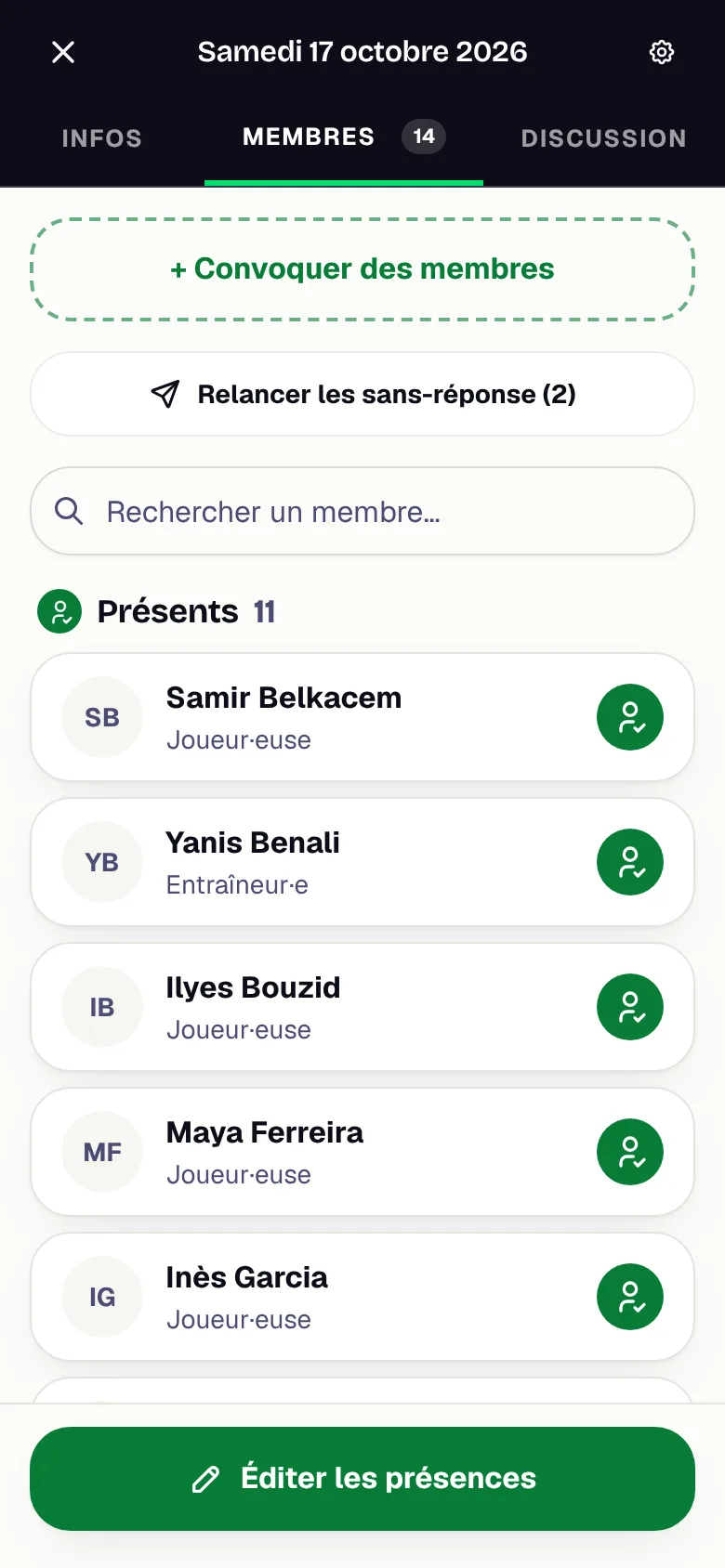 Suivi des présences d'un match dans l'application WeSportive : présents, absents et sans réponse