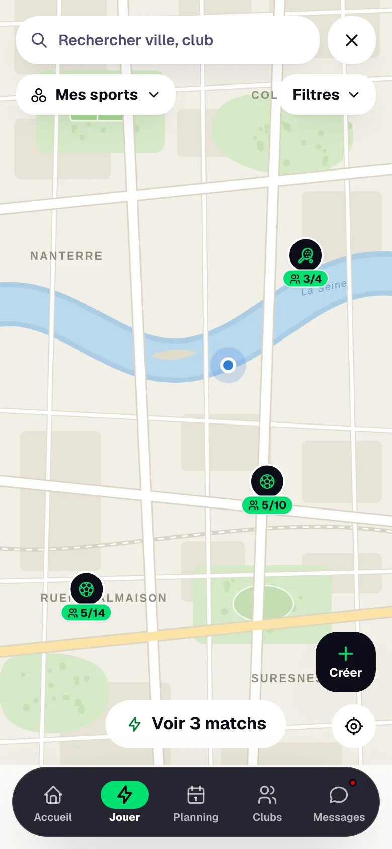 Carte des matchs ouverts autour de soi dans l'onglet Jouer de l'application WeSportive