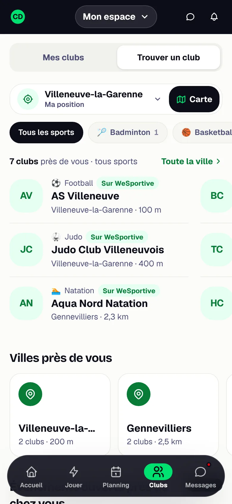 Recherche de clubs autour de soi dans l'application WeSportive, triés par distance