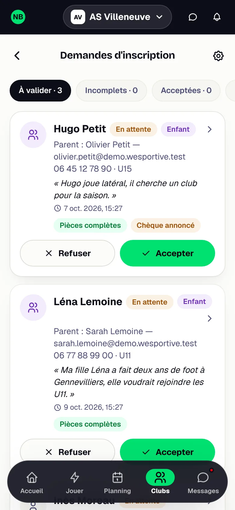 Demandes d'inscription en attente de validation par le bureau dans WeSportive