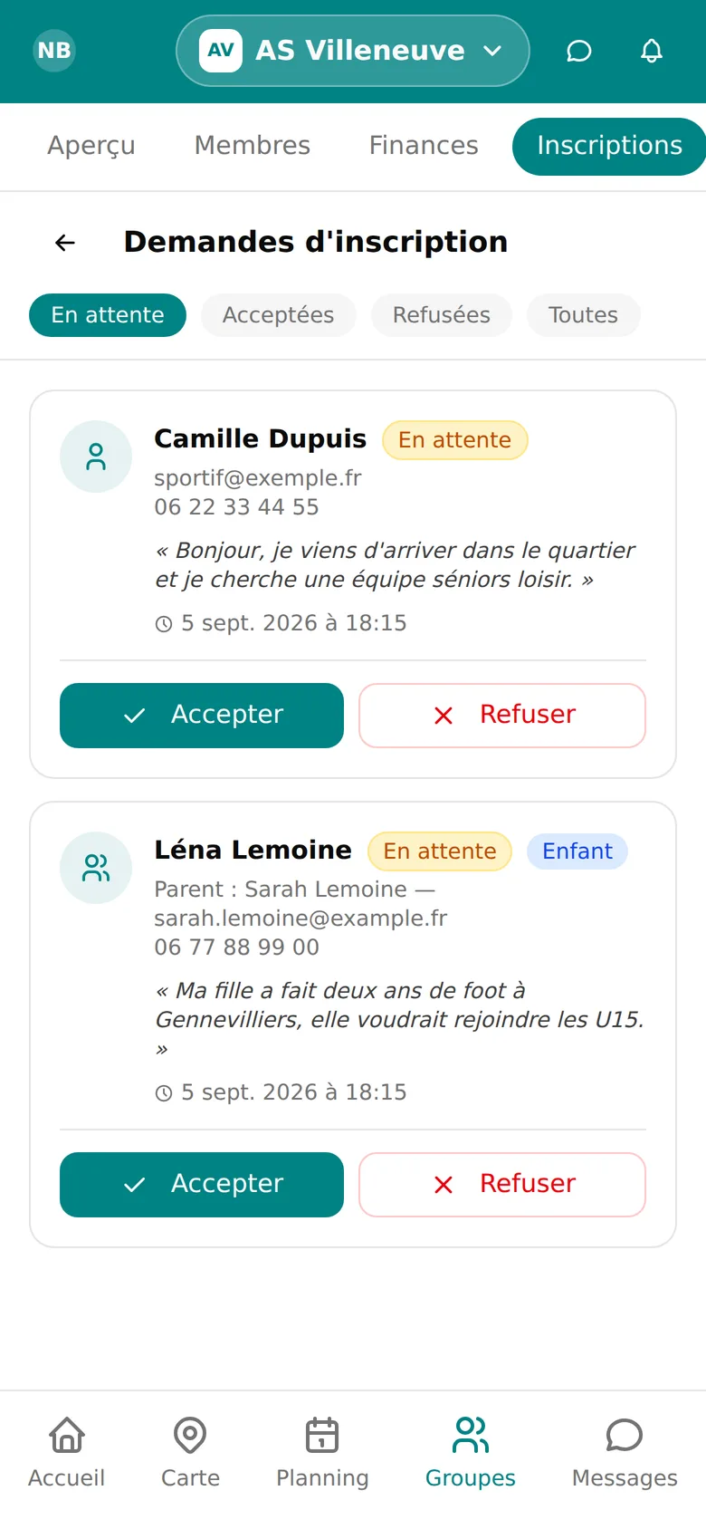 Demandes d'inscription en attente de validation par le bureau dans WeSportive