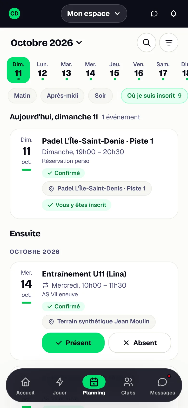 Planning personnel avec convocations et réservations dans WeSportive